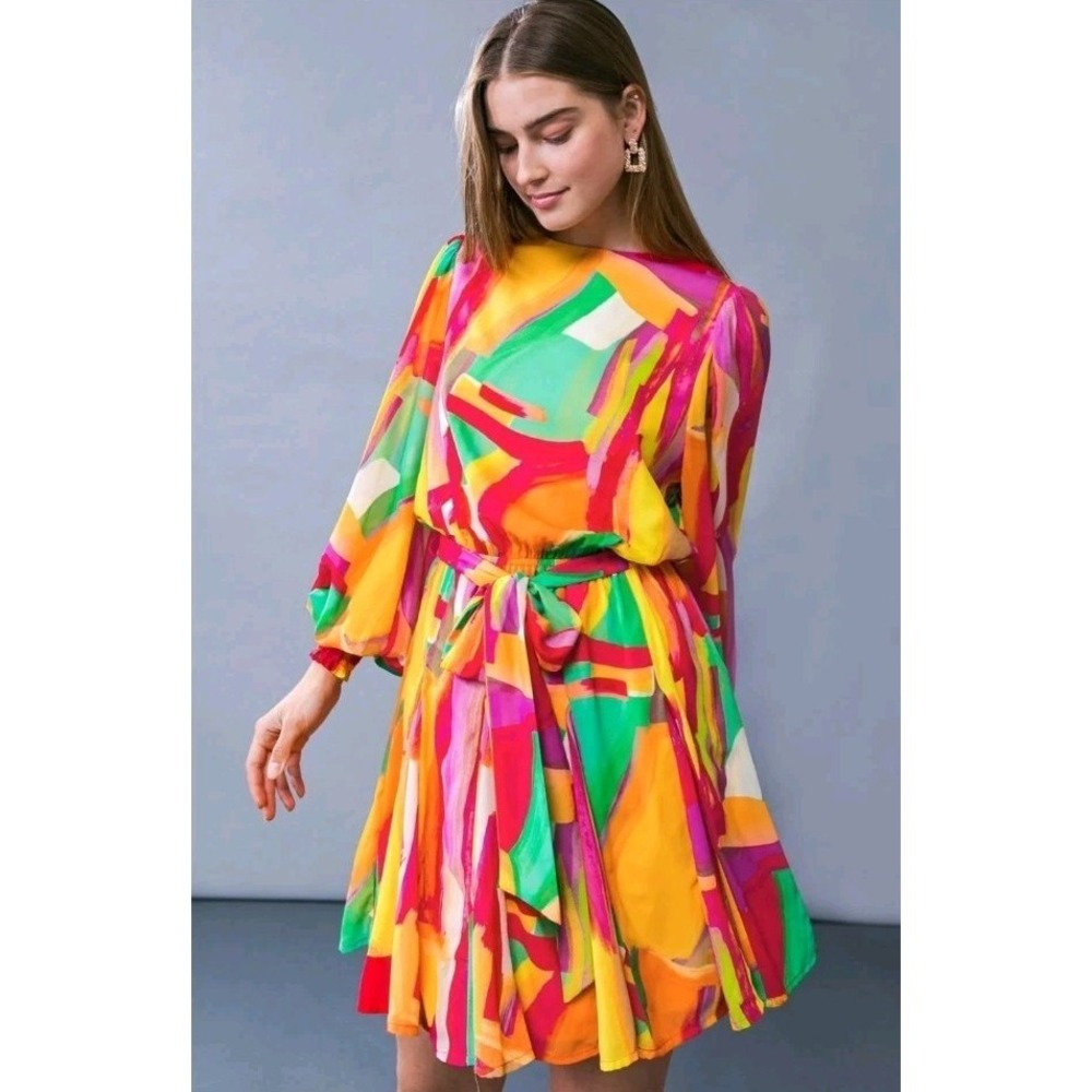 Flying Tomato Truly Adorable Midi Chiffon Dress Bright Colorful Long Sleeve S